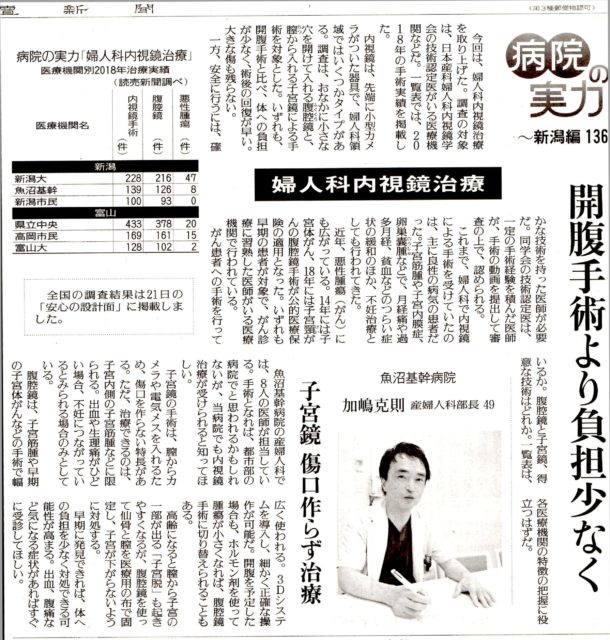 8月26日　読売新聞「病院の実力」婦人科内視鏡治療　魚沼基幹病院は加嶋克則先生を中心に新潟県内2位の実績